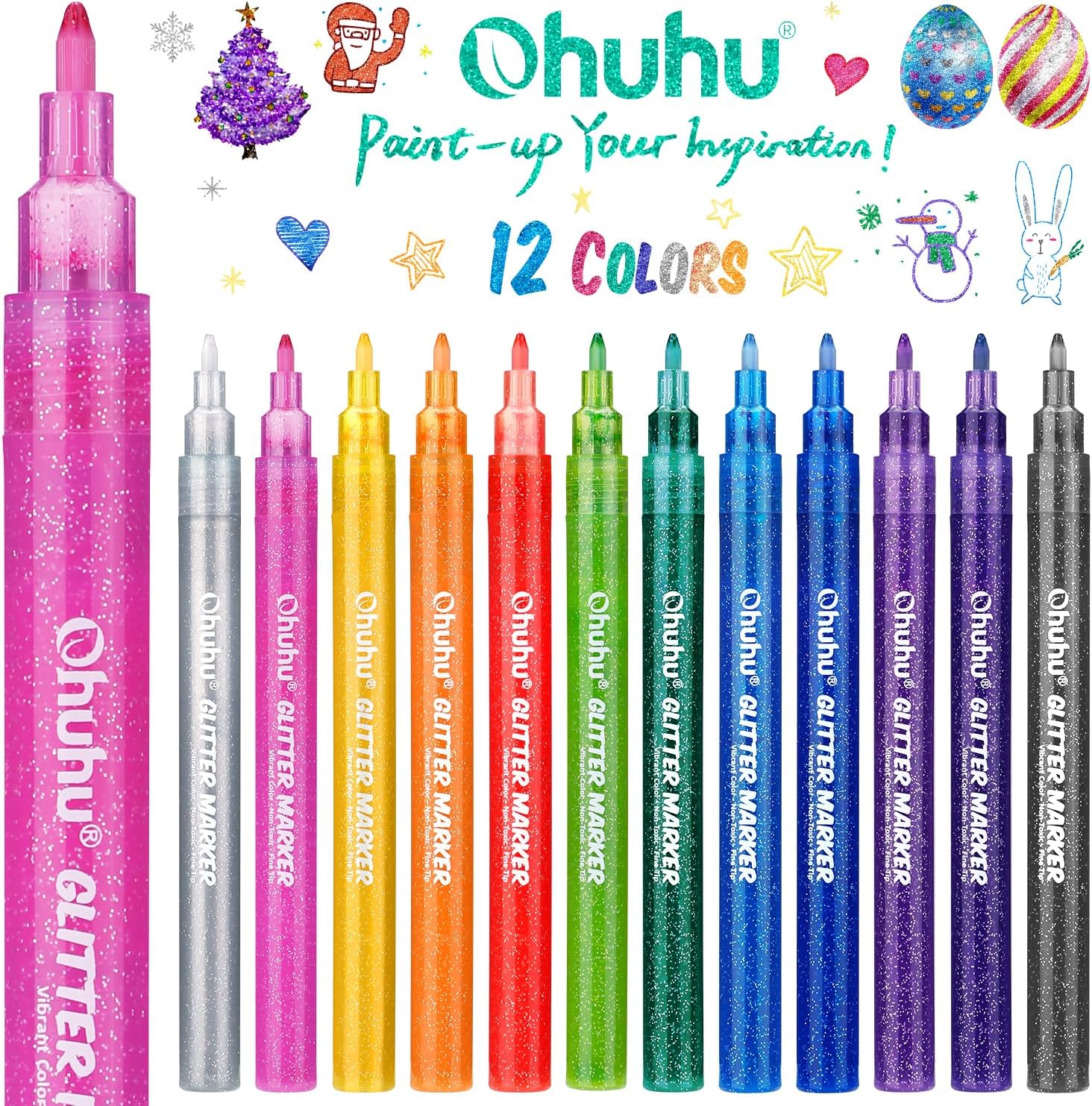 Ohuhu Water-Based Glitter Metallic Marker Pens, 12 Shimmer Colors - Image 14
