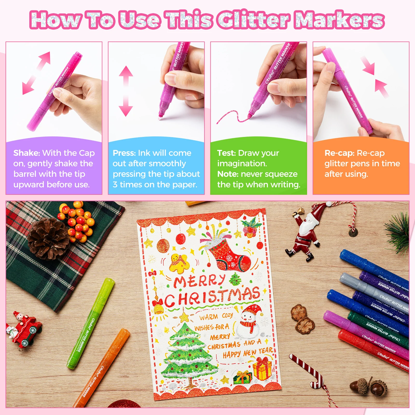 Ohuhu Water-Based Glitter Metallic Marker Pens, 12 Shimmer Colors - Image 17