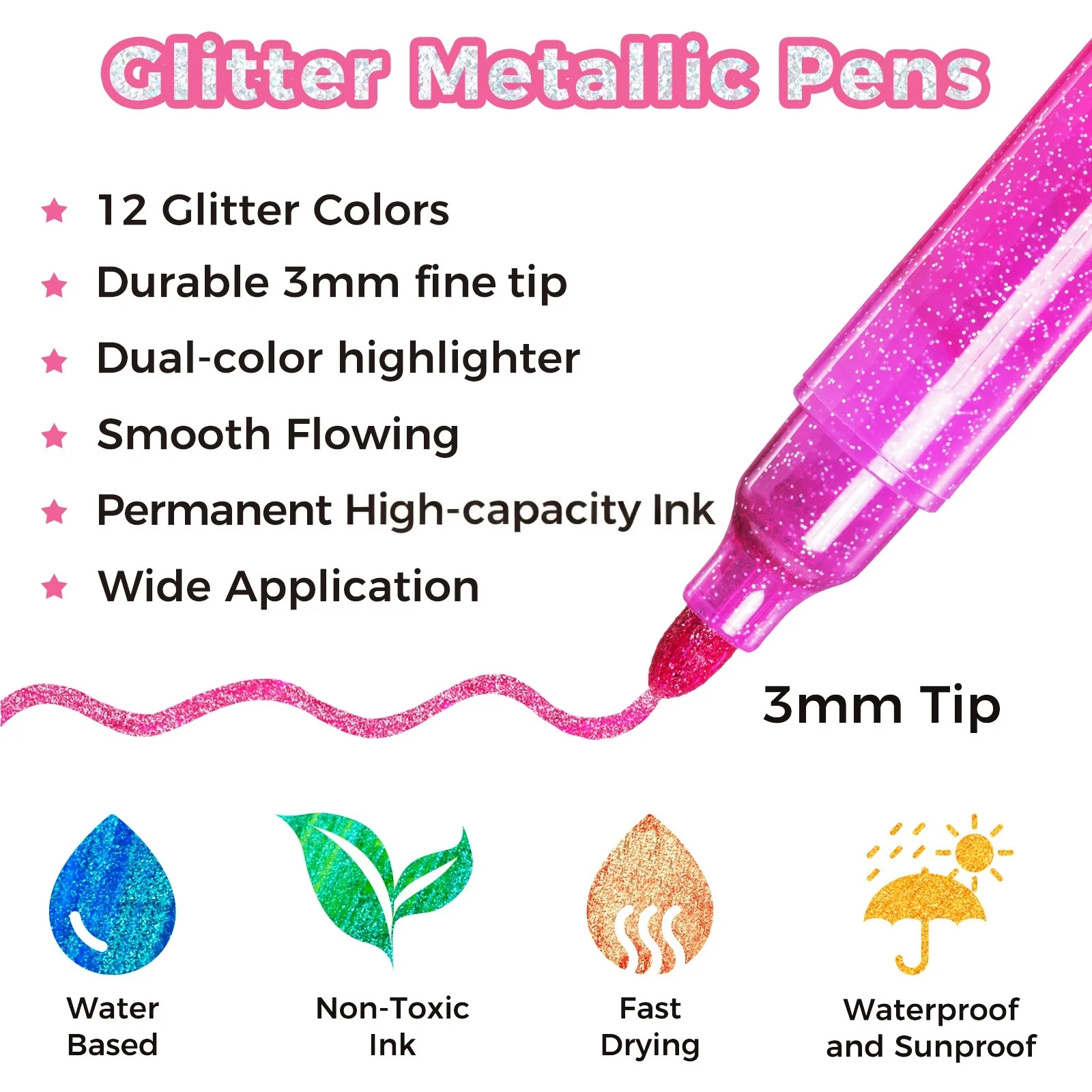 Ohuhu Water-Based Glitter Metallic Marker Pens, 12 Shimmer Colors - Image 20
