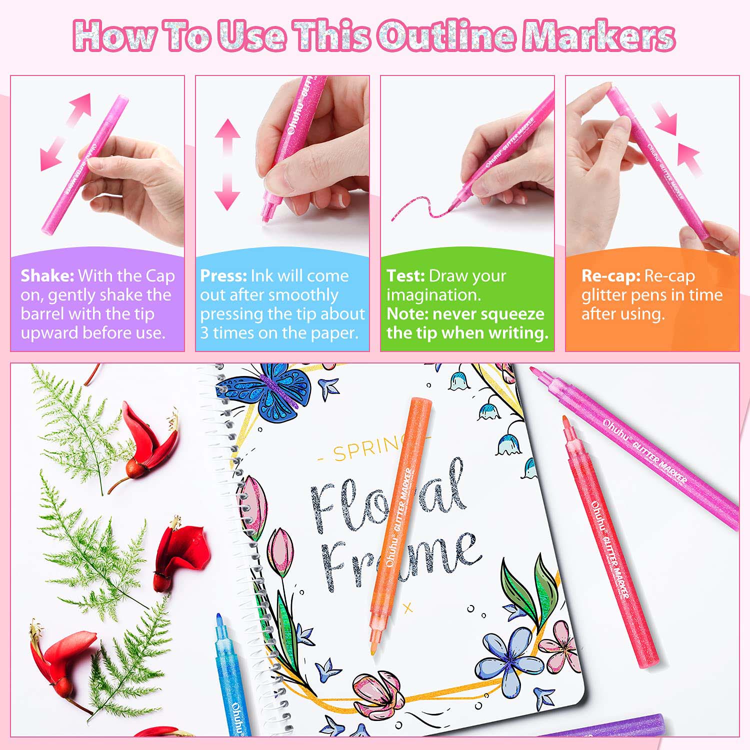 Ohuhu Water-Based Glitter Metallic Marker Pens, 12 Shimmer Colors - Image 3