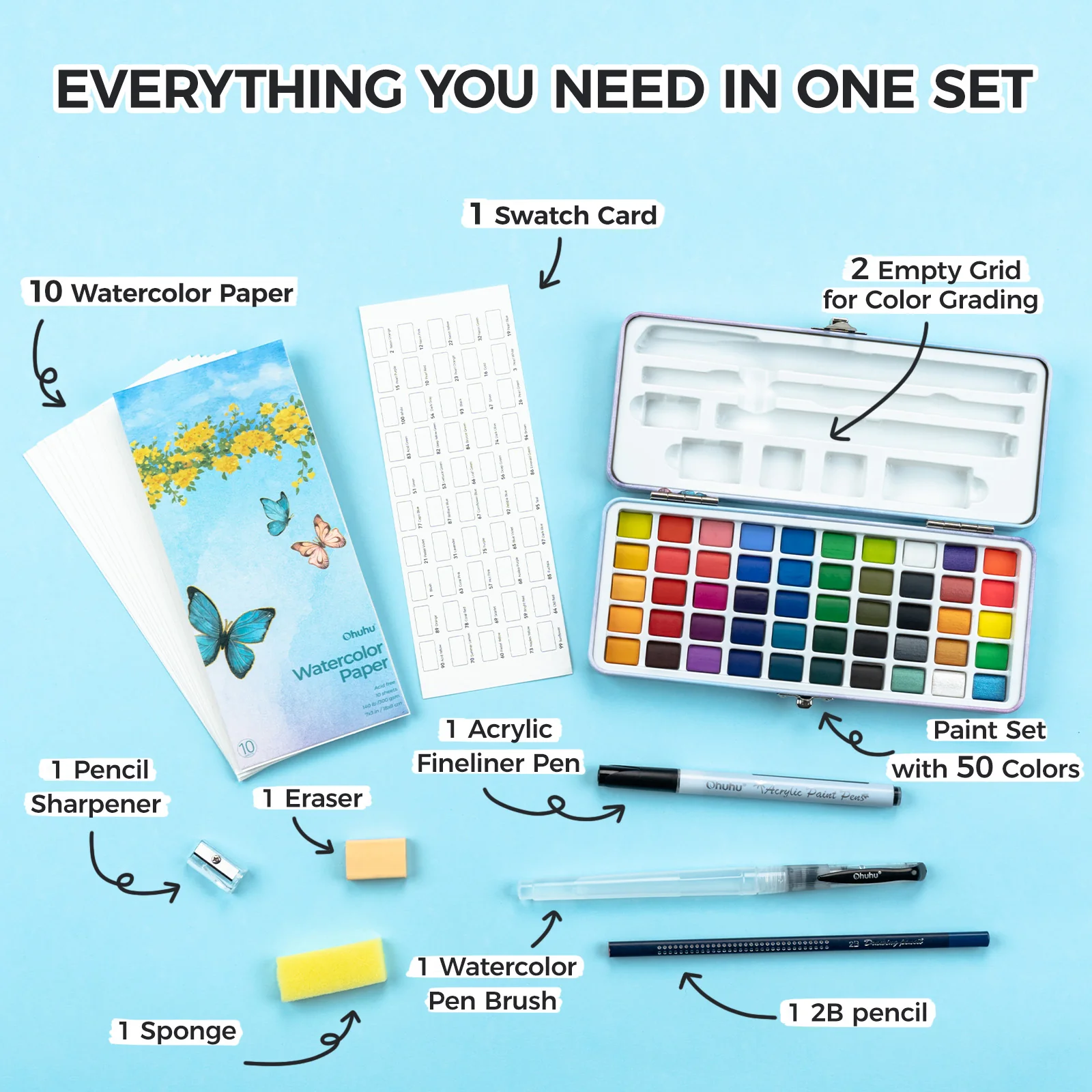 Ohuhu 50 Colors Portable Watercolor Paint Set - Image 6