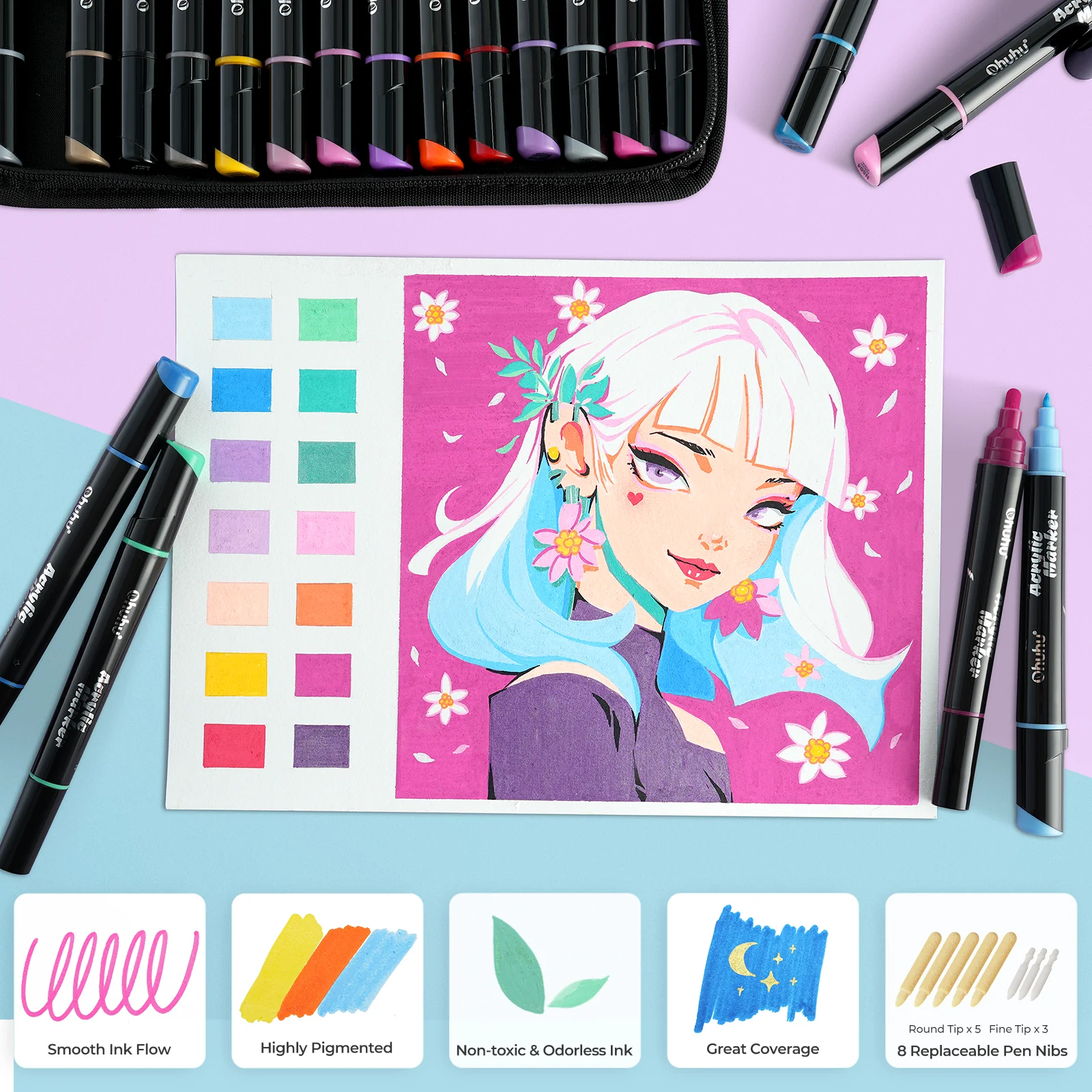 Ohuhu Dual Nib Waterproof Acrylic Pen 30 / 60 / 90 Colors - Kakaako - Image 4